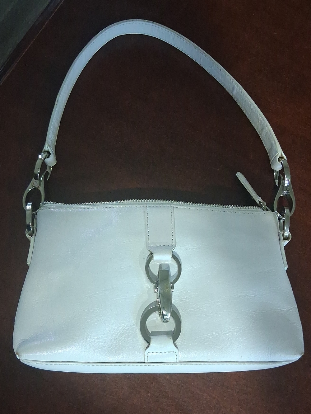 White Leather Shoulder Bag with Silver Ring Detail